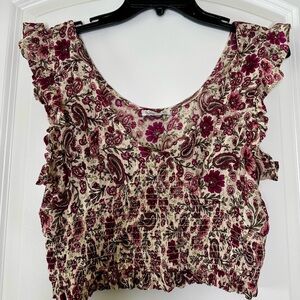 Patrons of Peace Smocked Floral Paisley Boho Crop Top Ruffle Sleeve S